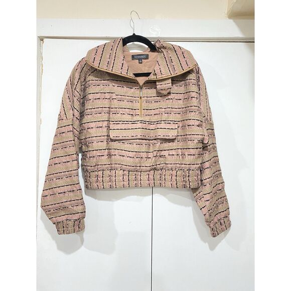 Intermix Top Silk Womens Sz 4 Long Sleeves Crop 1/2 Zip Pink Brown Geometric - Picture 2 of 16
